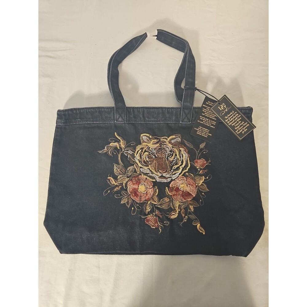 New DG2 by Diane Gilman Embroidered Denim Tote Bag Floral Tiger